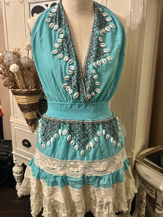 Dresses & Skirts - Turquoise Halter Shell-Trim Boho Dress